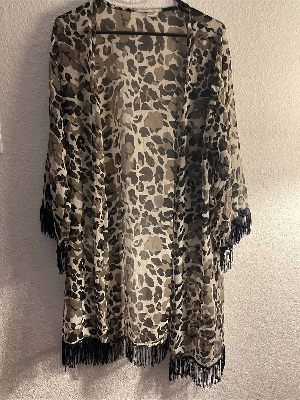 Sheer Leopard Print Fringe Kimono - Black & Cream